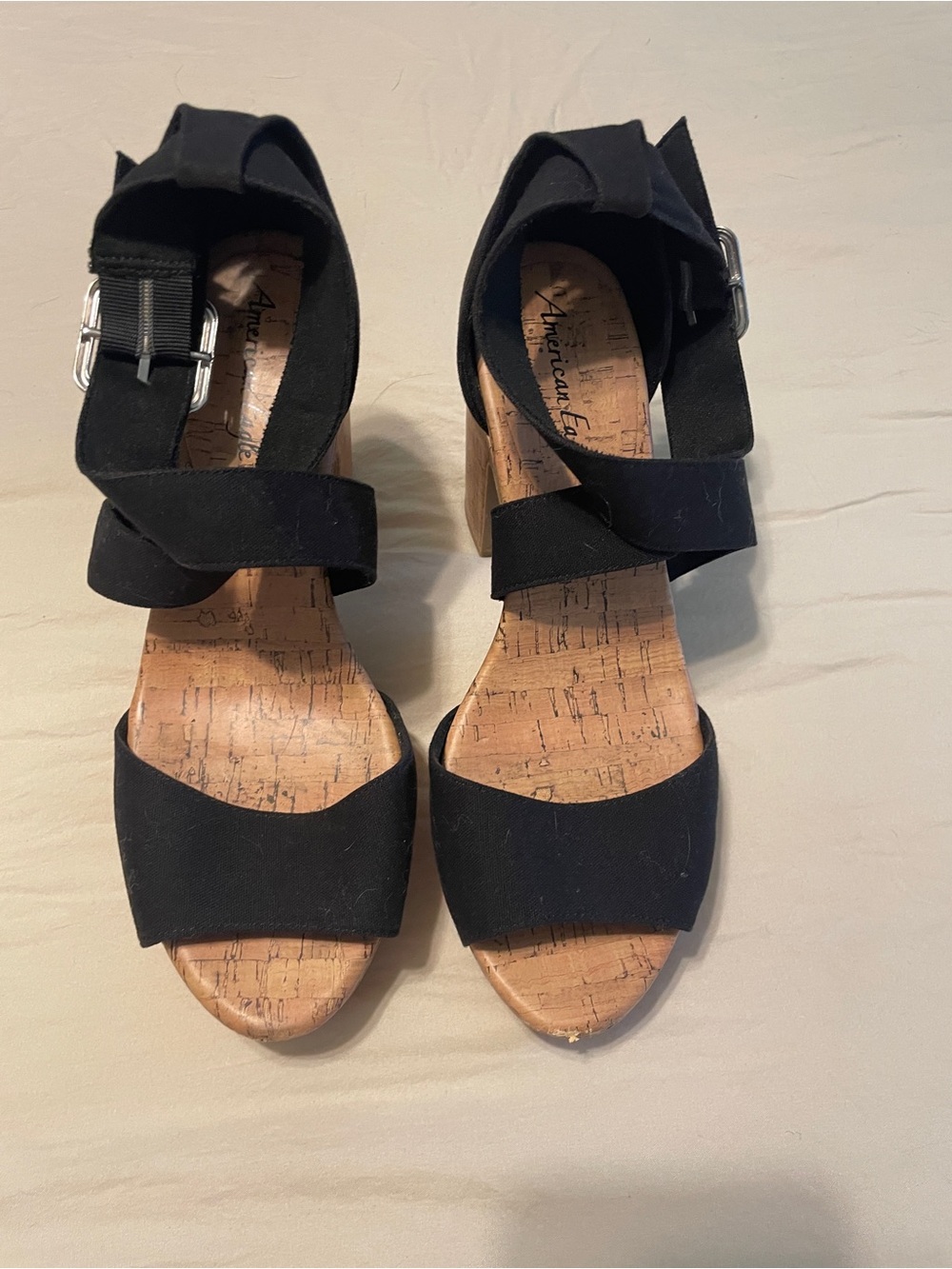 American Eagle Outfitters Black Ankle-Strap Cork Wedge Sandals